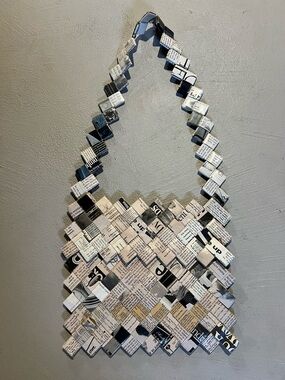 Recycled Newspaper Weave Purse in Black & White